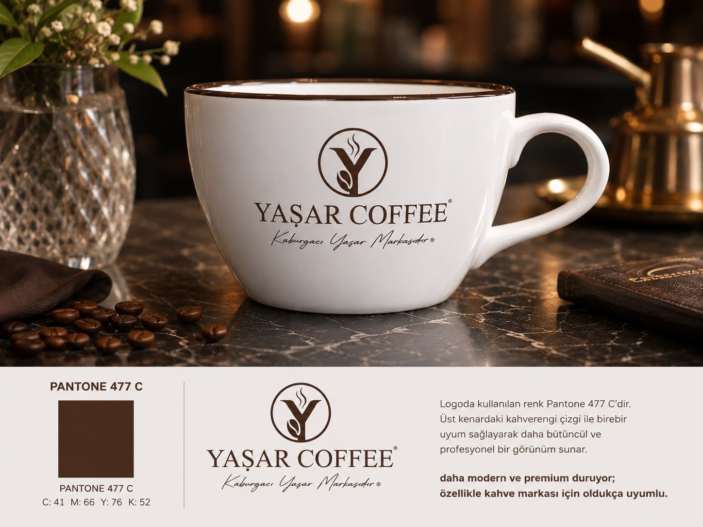 Yaşar Coffee logosunu taşıyan kahverengi kenarlı krem seramik fincan